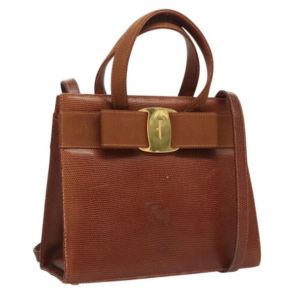 Salvatore Ferragamo Vala Hand Bag Leather Embossed 2way Brown Gold